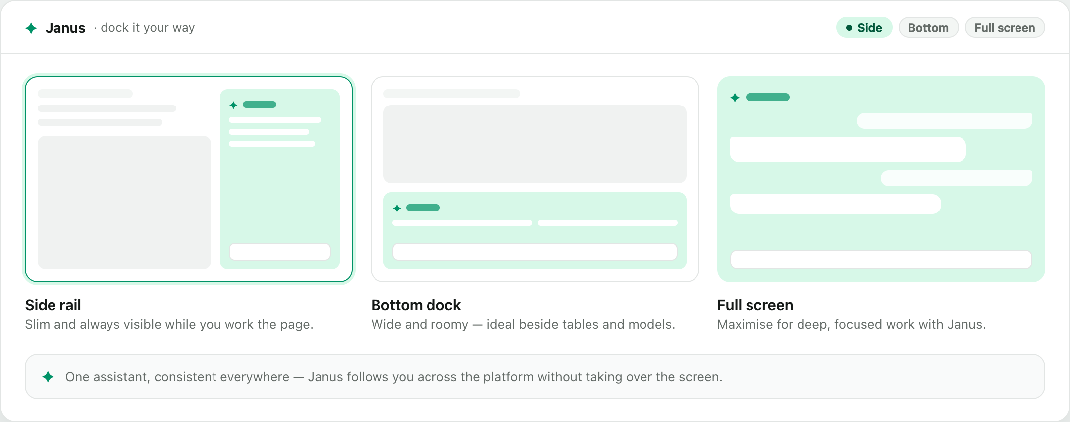Janus docked three ways — a slim side rail, a wide bottom dock, or full screen for deep work